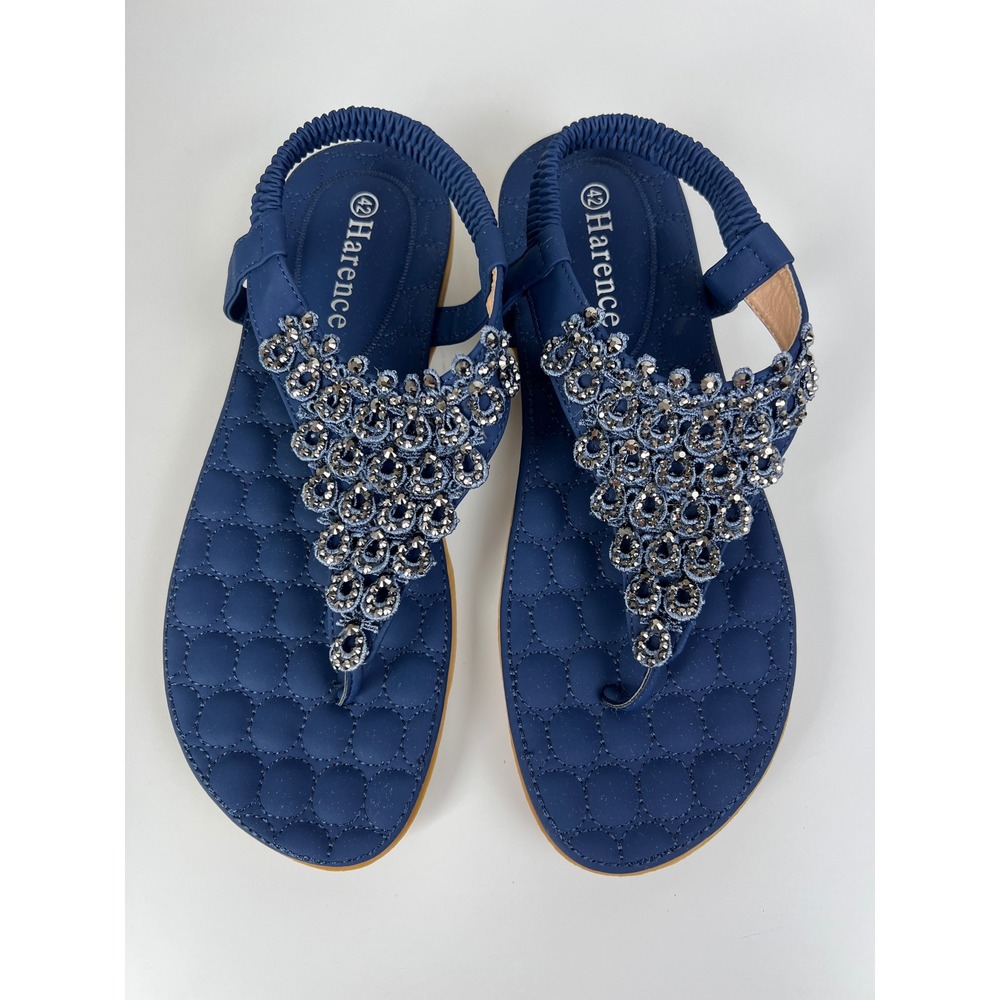 Harence Blue Rhinestone Thong Sandals Slingback Comfort Flip Flops Womens 42